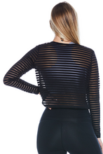 Load image into Gallery viewer, Striped Mesh Black Long Sleeve Crop Top