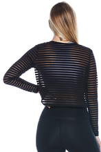 Load image into Gallery viewer, Striped Mesh Black Long Sleeve Crop Top
